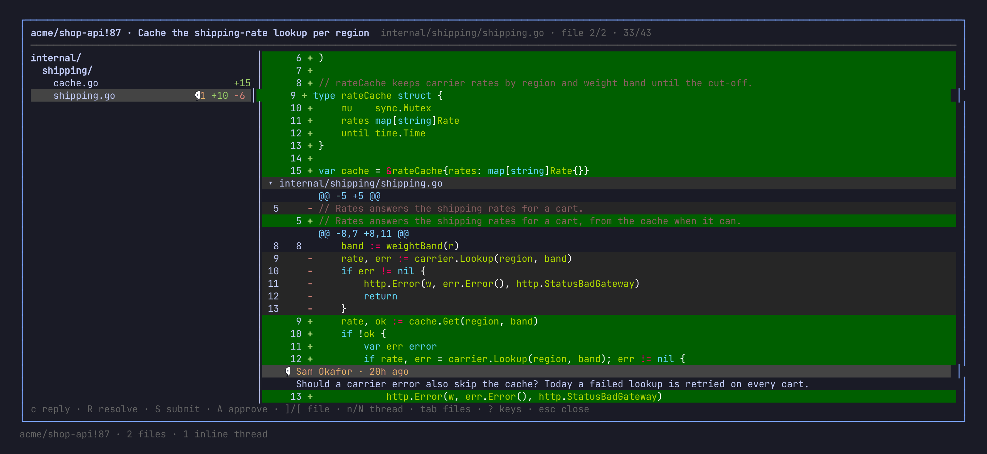 A merge request's diff with a thread under its line