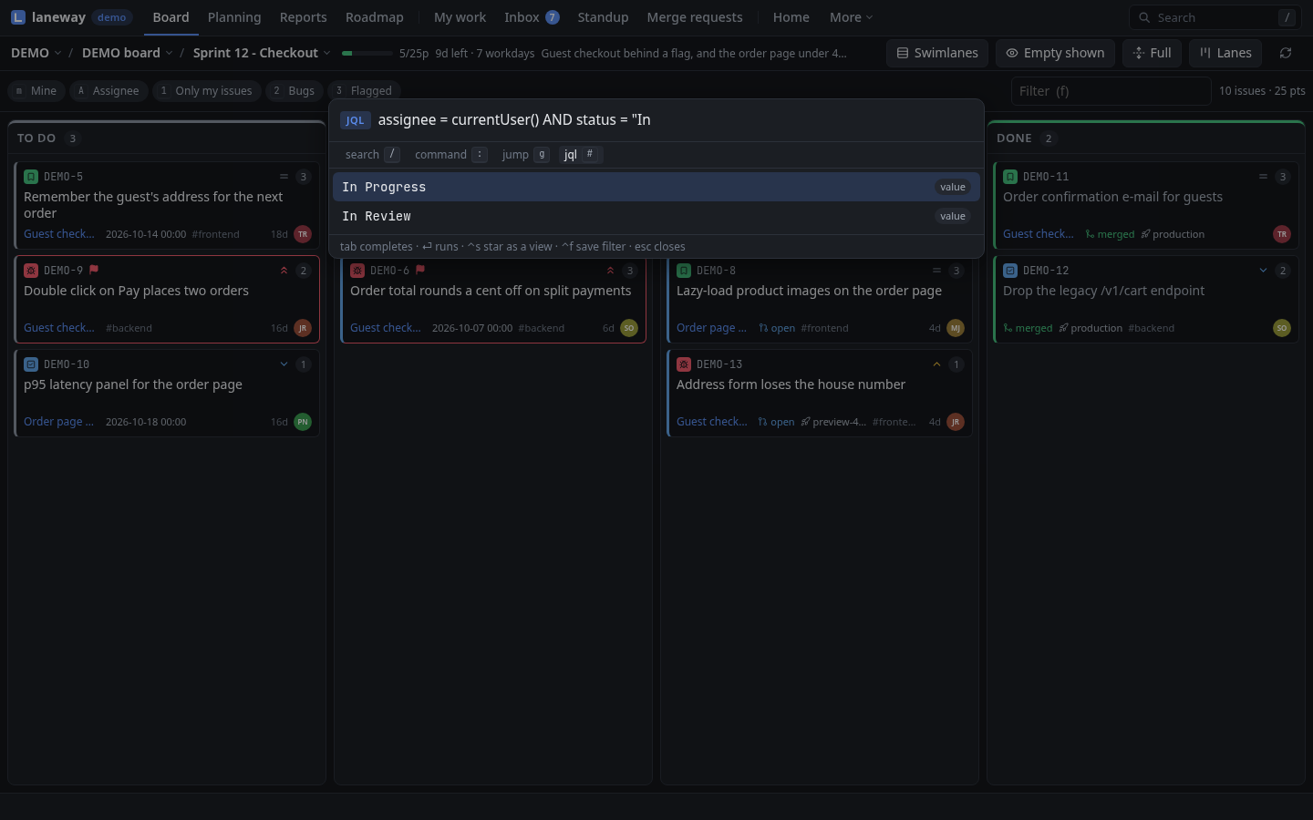 JQL completing a status in the browser